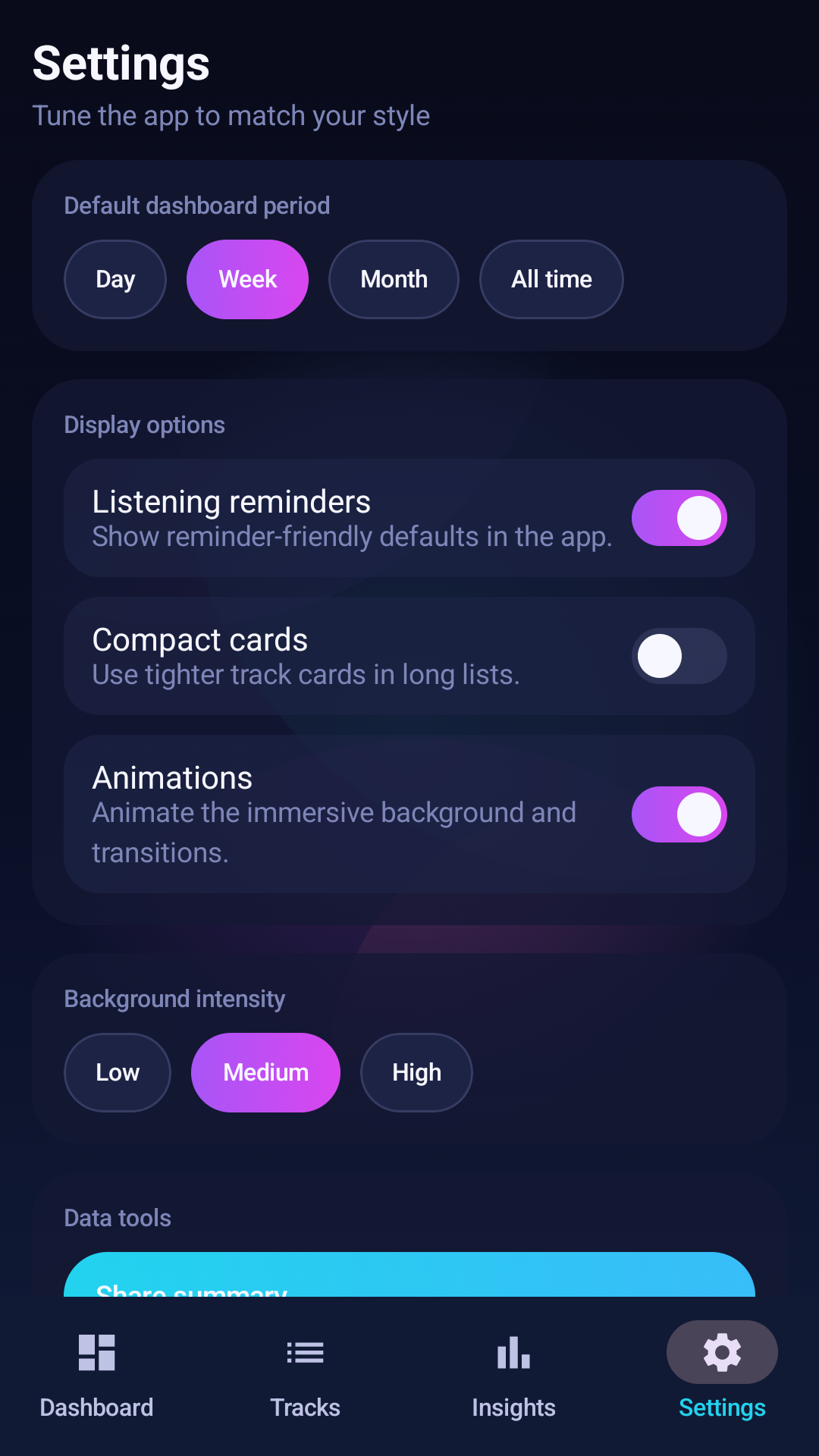Settings screen